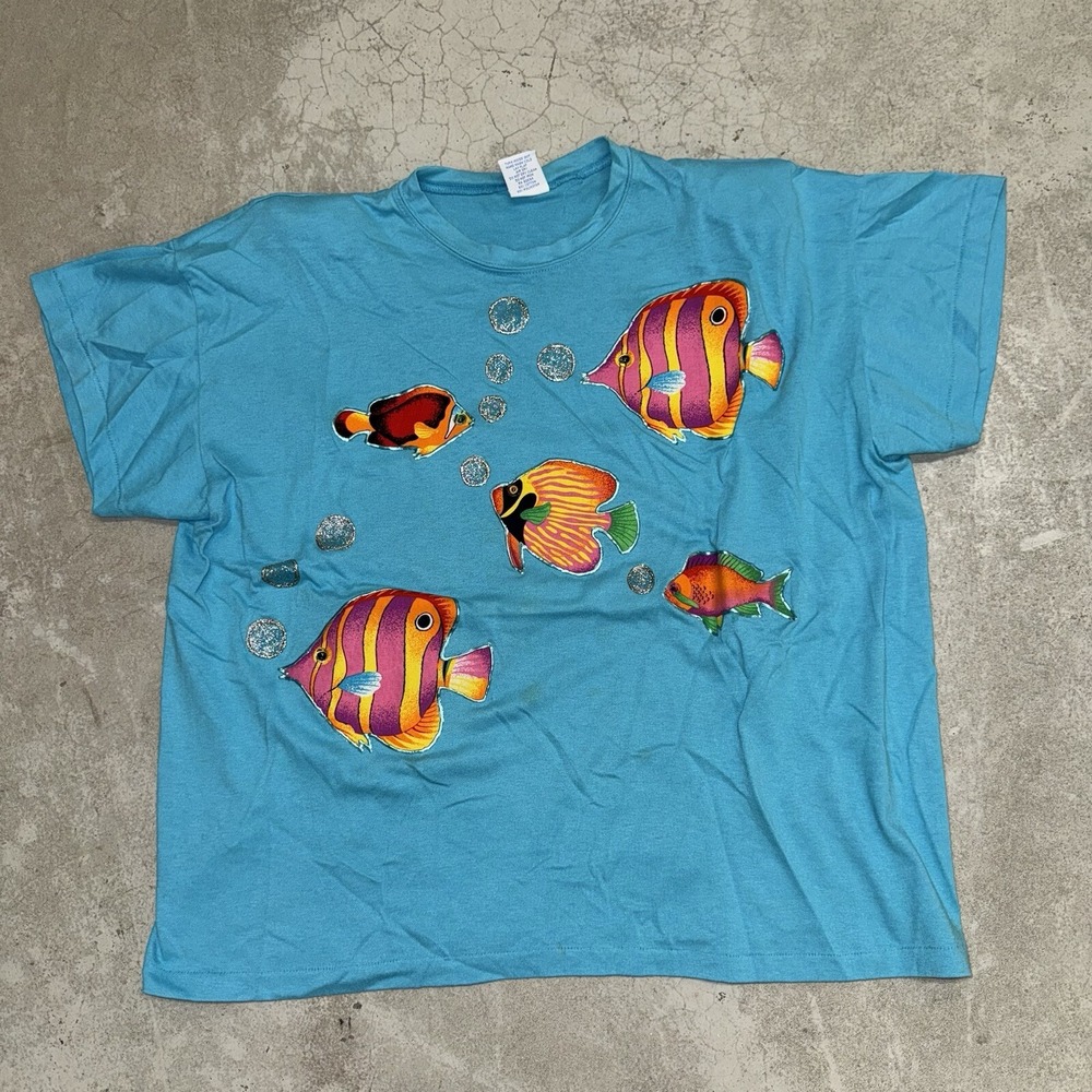Vintage Custom Under The Ocean Fish Single Stitch Shirt Size OSFA Large